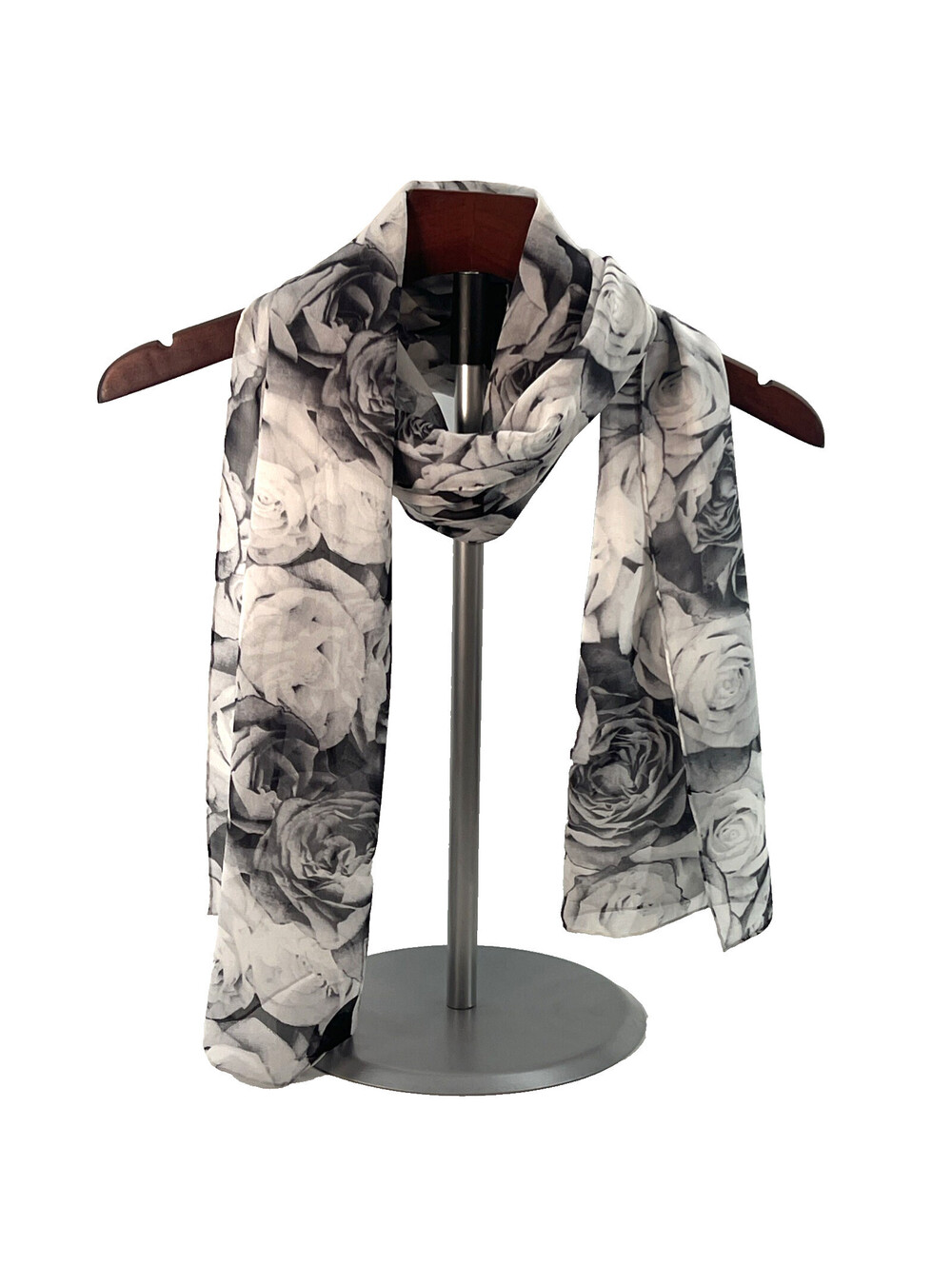Black White Gray Scarf Roses Sheer Unbranded 64x17 In